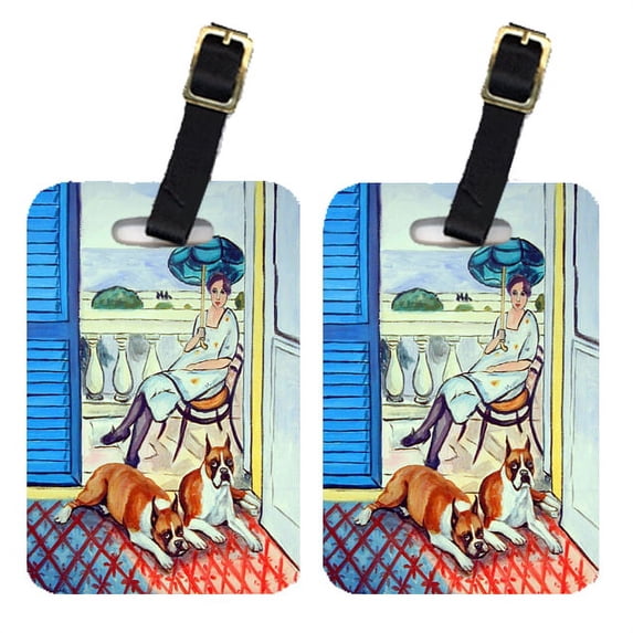 Lady with her Boxer Luggage Tags Pair of 2