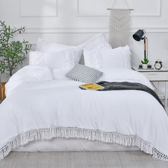 LadyAnn White Ruffle Tassel Comforter Set Queen Boho Chic Macrame Fringe Bedding with Cute Pillow Shams 3PCS Ultra Soft and Fluffy