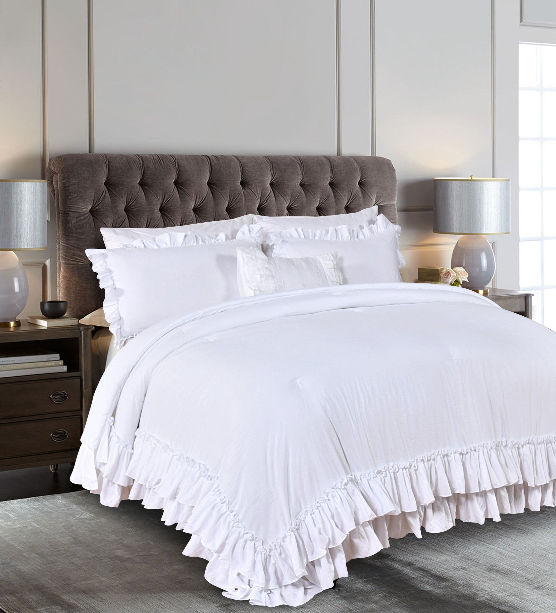 Lady Ann White Ruffled Shabby Comforter Set King,Boho Chic Farmhouse ...