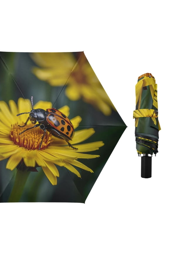 Ladybird on Chrysanthemum Compact Sun Umbrella Windproof Travel Umbrellas for Rain Strong Portable UV Protection
