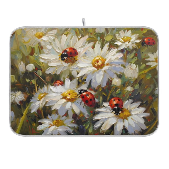 Ladybird on Daisy Flower Dish Drying Mat 16x18 Absorbent Microfiber Draining Rack Pad for Kitchen Counter Sink