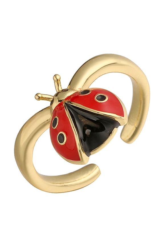 Ladybirds Design Rings With Adjustable Opening Smooth Copper Construction Vibrant Enameled Accent Daily Wear Jewelry