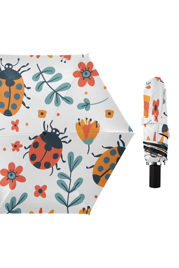 Ladybirds Flowers Leaves All Weather Umbrella Triple Folding Parasol 6 Ribs UV Protection Portable