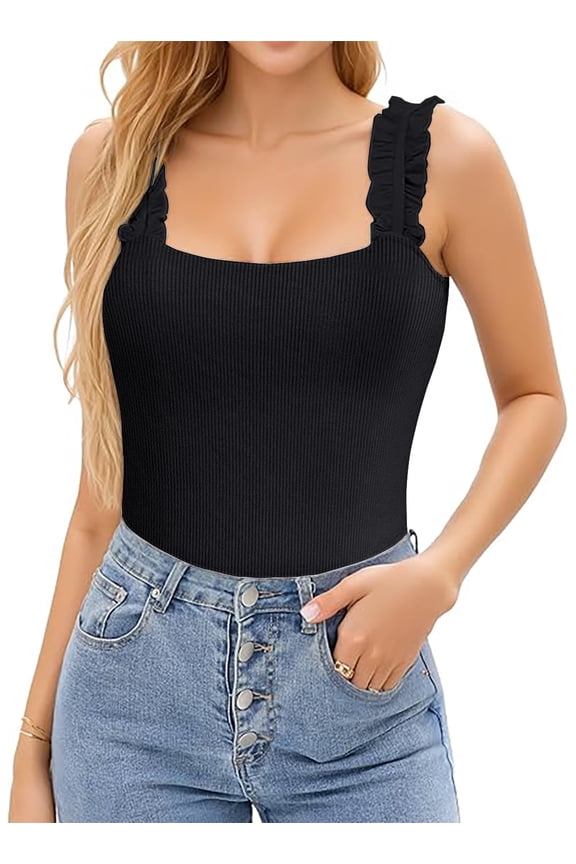 Black Ribbed Tank Tops for Women Summer Sleeveless Ruffle Strap Tank Tops Sexy Crop Basic Tank Tops(Large,Black)