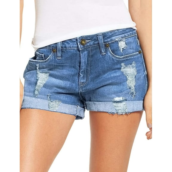 Necooer Casual Summer Denim Hot Shorts Mid Waisted Frayed Distressed Rolled Hem Jeans Short(Small,Light blue)
