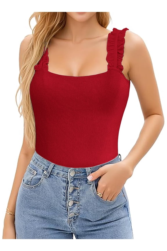 Cute Crop Tops for Women Ribbed Ruffle Square Neck Tank Tops Womens Trendy Y2K Basic Tops(Medium,Green)