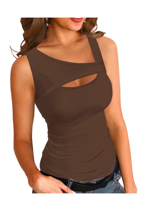 Cutout Tank Tops for Women One Piece Tank Tops Sleeveless Slim Fit Cotton Basic Camisole Shirts(XX-Large,Brown)