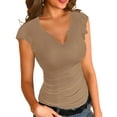 thumbnail image 1 of Ladybranch Ruffle Sleeve Tops for Women Summer Slim Fitted Short Sleeves Shirts V Neck Sexy Ribbed Casual T Shirt(Large,Caramel Brown), 1 of 6