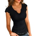 thumbnail image 1 of Ladybranch Summer Black Short Shirt for Women Ruffle Cap Sleeve V Neck Ribbed Casual T-Shirt Slim Fitted Trendy Tops Blouses(XX-Large，Black), 1 of 7