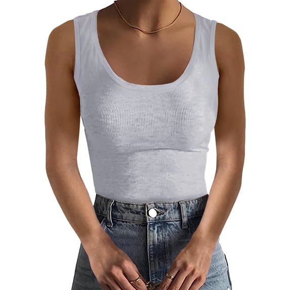 Ladybranch Women Scoop Neck Tank Top Slim Fit Sleeveless Ribbed Knit Basic Crop Cami Shirts Tops(X-Large, Grey)
