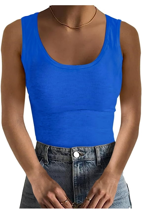 Women Sexy Sleeveless Tank Tops Spaghetti Strap Ribbed Casual Workout Tees(Small, Blue)