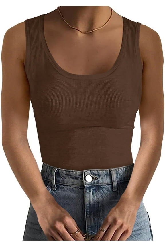 Women Spaghetti Strap Scoop Neck Ribbed Tank Tops Slim Fitted Cotton Basic Cami Shirts(Small, Brown)