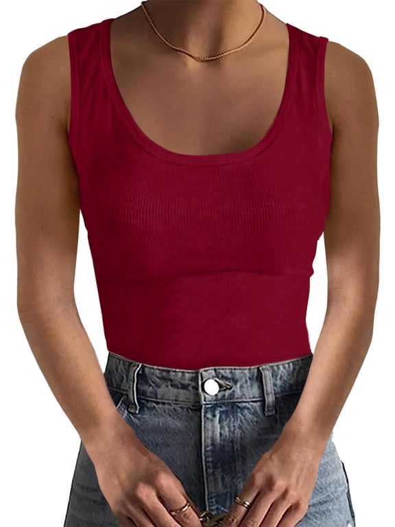 Women Tank Top Sexy Scoop Neck Sleeveless Cotton Ribbed Camisole Shirts Basic Camisole Shirts(Medium, Burgundy)