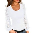 thumbnail image 1 of Ladybranch Women White Lace Balloon Long Sleeve Ribbed Shirts Fitted Top Fall Round Neck Blouse Blouse Tops（Small,White), 1 of 8