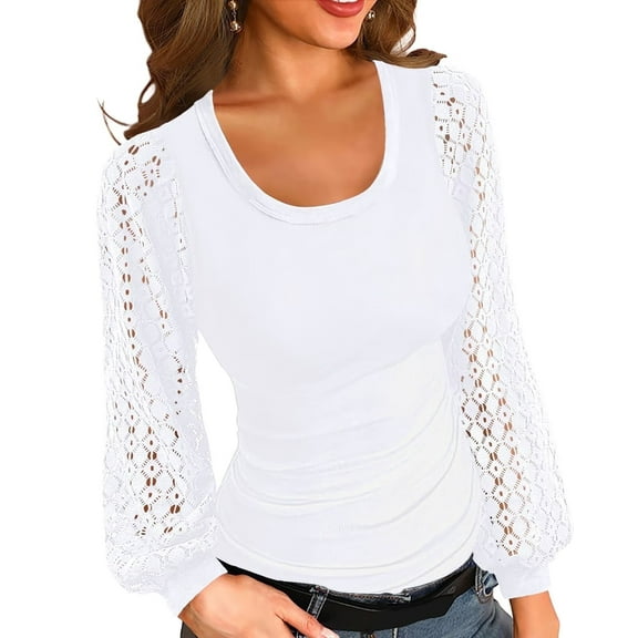 Ladybranch Women White Lace Balloon Long Sleeve Ribbed Shirts Fitted Top Fall Round Neck Blouse Blouse Tops（Small,White)