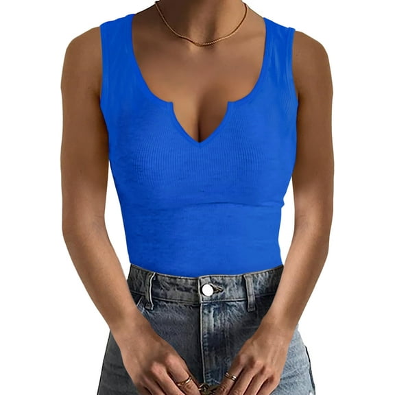 Ladybranch Women's Sleeveless Shirt Ribbed Fitted Scoop Neck Stretchy Basic Long Blue Tank Top(Blue,M)