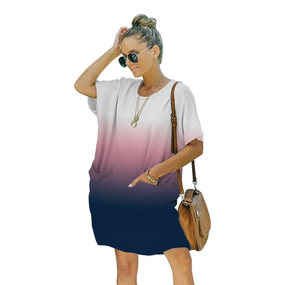 Ladybranch Women's Summer Casual T Shirt Dresses Short Sleeve Swing Dress with Pockets(4X-Large,02White-Blue)