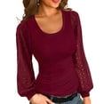 thumbnail image 1 of Ladybranch Womens Balloon Bell Long Sleeve Ribbed Shirts Slim Fitted Blouses Round Neck Cute Tshirts Top Fall Clothes Fall Clothes Tunics Teal（Large,Wine Red), 1 of 7