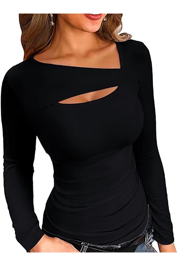 Womens Black Basic T-Shirts Long Sleeved Slim Shirt Ribbed Cutout Fitted Shirts Blouse Round Neck Ribbed Basic Tops Bloud(X-Large，Black）