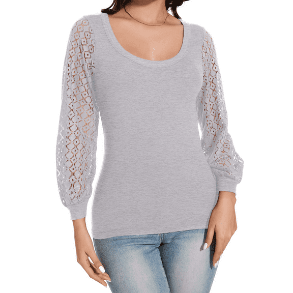 Ladybranch Womens Fashion Lace Balloon Tops Long Sleeve Knit Ribbed Stretch Slim Fitted Shirts Round Neck Blouse for Women（Large,Grey)