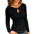 thumbnail image 1 of Ladybranch Womens Long Crew neck Ribbed Shirts Fitted Top Cutout Neck Drop Shape Slim Trendy Tight Tops Black, 1 of 5