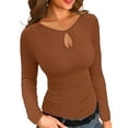 thumbnail image 1 of Ladybranch Womens Long Sleeve Shirts Tops Blouses Fall Fashion Base Tee Cutout Neck Drop Shape Slim Brown, 1 of 8