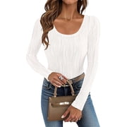 Ladybranch Womens Long Sleeve Water Ripple Fitted Top Slim Fitted Trendy Top Blouses Soft White