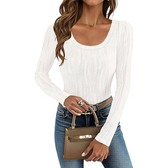 Ladybranch Womens Long Sleeve Water Ripple Fitted Top Slim Fitted Trendy Top Blouses Soft White