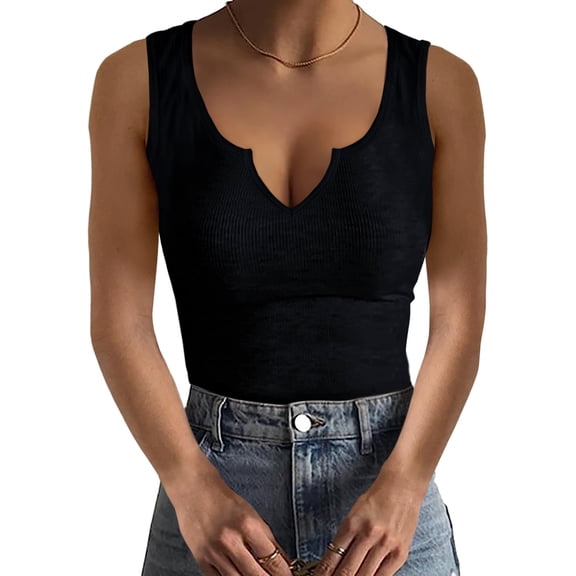 Ladybranch Womens Summer Tank Tops Square Neck Sleeveless Low Cut Sexy Shirts Ribbed Slim Fitted Casual Basic Black Top Blouses(Black,M)