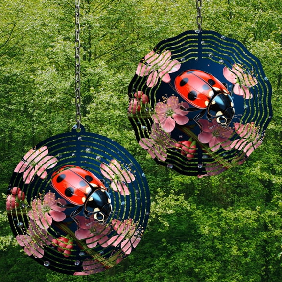 Ladybug 10 Inch Metal Wind Spinner, 3D Kinetic Outdoor Hanging Garden Decor for Yard Patio, Gift for Women