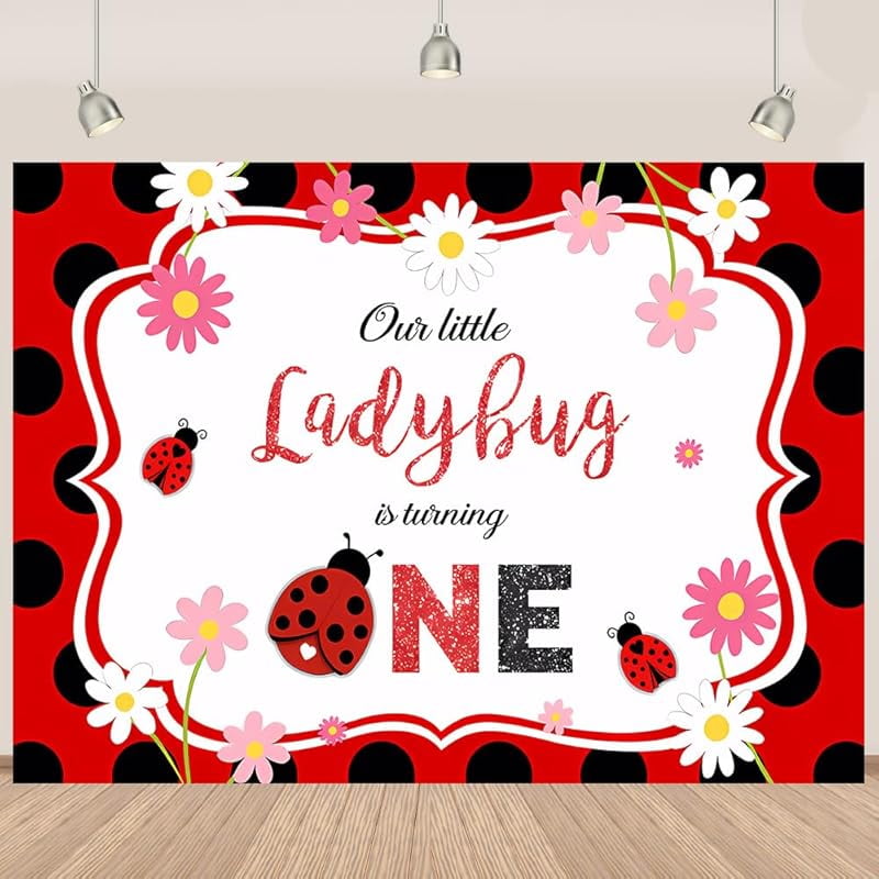 Ladybug 1st Birthday Backdrops Pink White Flowers Our Little Ladybug is ...