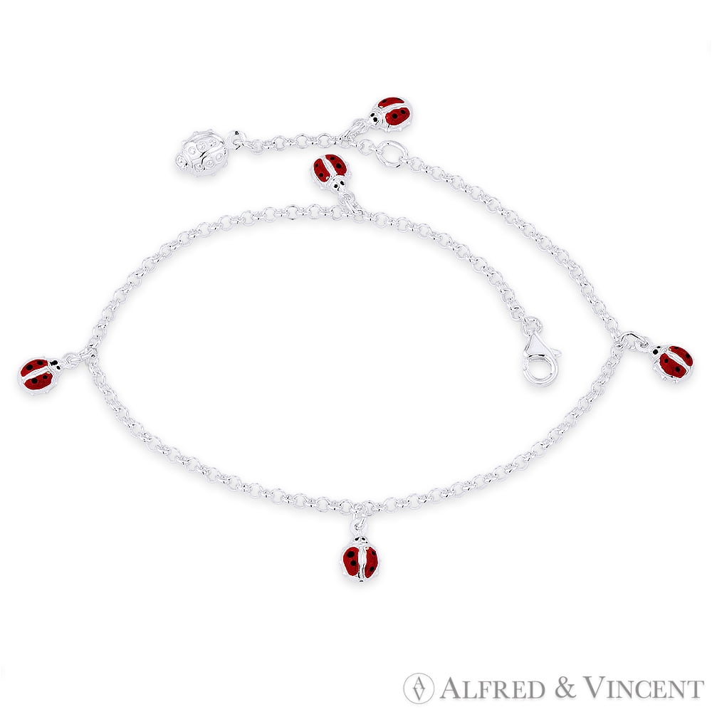 Ladybug & 2.3mm Rolo Cable Link Chain Italian Charm Anklet in .925 Sterling Silver