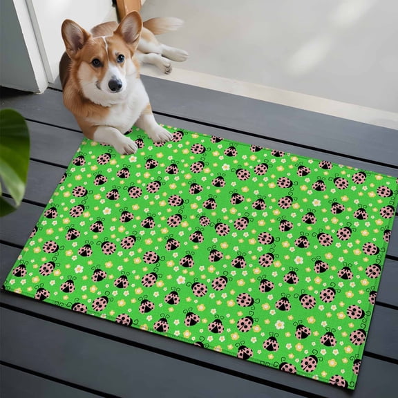 Ladybug 2x3 Area Rugs for Living Room, Yellow Daisy Floral Insects Pastoral Style Green Background Non Slip Floor Mat Washable Low-Profile Indoor Carpet for Bedroom, Dining Room, Bathroom
