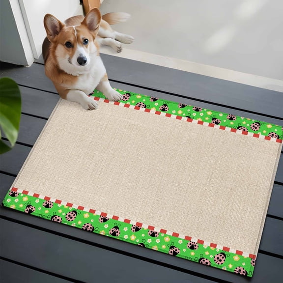 Ladybug 2x3 Area Rugs for Living Room, Yellow Daisy Floral Insects Pastoral Style Linen Texture Green Non Slip Floor Mat Washable Low-Profile Indoor Carpet for Bedroom, Dining Room, Bathroom