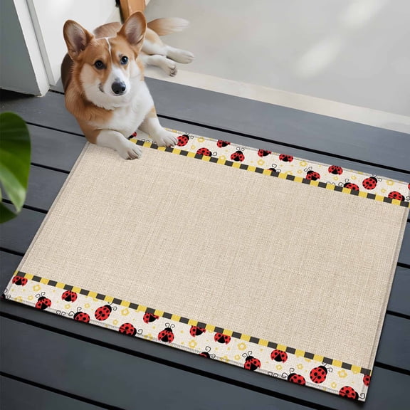 Ladybug 2x3 Area Rugs for Living Room, Yellow Daisy Floral Insects Pastoral Style Linen Texture Non Slip Floor Mat Washable Low-Profile Indoor Carpet for Bedroom, Dining Room, Bathroom