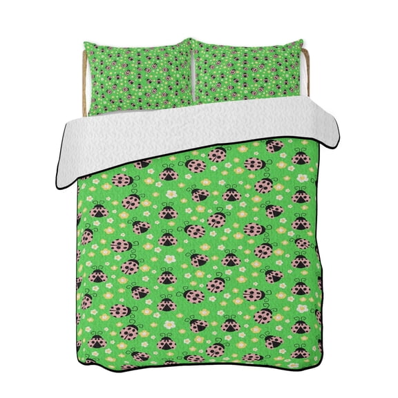 Ladybug 3 Piece Quilt Bedding Set with 2 Pillow Shams, Yellow Daisy Floral Insects Pastoral Style Green Background Lightweight Bedspread Coverlet, Soft Breathable All Season Quilt, 79 x 90 Inch