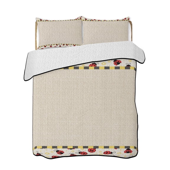 Ladybug 3 Piece Quilt Bedding Set with 2 Pillow Shams, Yellow Daisy Floral Insects Pastoral Style Linen Texture Lightweight Bedspread Coverlet, Soft Breathable All Season Quilt, 68 x 86 Inch