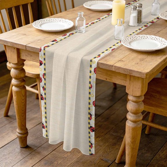 Ladybug 4.5ft Cheesecloth Table Runner for Wedding 19"x55", Yellow Daisy Floral Insects Pastoral Style Linen Texture Kitchen Dinner Sheer Tulle Chiffon Dresser Scarf, Holiday Party Decorations