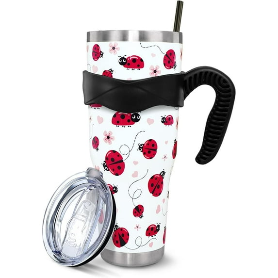 Ladybug 40 Oz Tumbler with Handle and Straw, Cute Large Big Stainless Steel Vacuum Insulated Tumbler Iced Coffee Cup Water Bottle Travel Mug,Ladybug Gifts for Women Decor Accessories Stuff, Red White