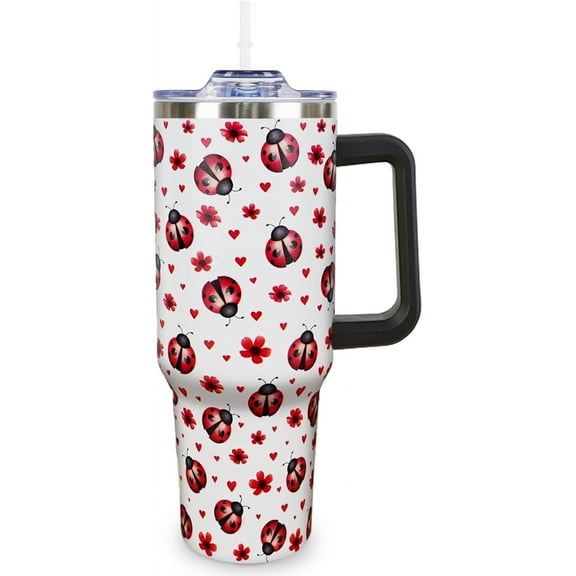 Ladybug 40 Oz Tumbler with Handle & Straw - Insulated Red Water Bottle Cup, Ladybug Themed Gift for Women, Girls, Birthday, Ladybug Fans (All Ages)