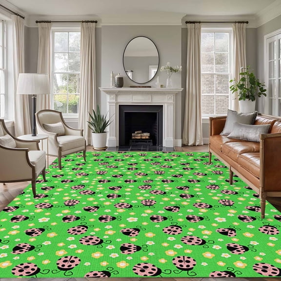Ladybug 5x7 Area Rugs for Living Room, Yellow Daisy Floral Insects Pastoral Style Green Background Non Slip Floor Mat Washable Low-Profile Indoor Carpet for Bedroom, Dining Room, Bathroom