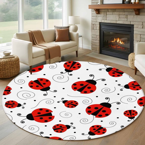 Ladybug 8' Round Area Rug, Cartoon Red Black Dots Animals Modern Simple Washable Non-Slip Large Circle Rugs for Living Room Bedroom, Soft Low Pile Rug Carpet for Dining Room Kitchen Farmhouse