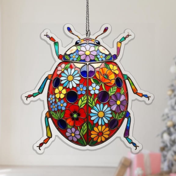 Ladybug Acrylic Suncatcher Floral Pattern Window Hanging Lucky Insect Gift Ornament