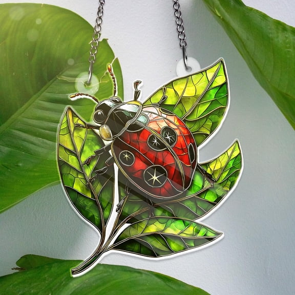 Ladybug Acrylic Window Hanging Suncatcher, Red Insect on Leaf Decor, Cute Bug Gift for Nature Lovers, Home Decoration