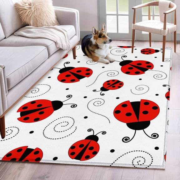 Ladybug Area Rug 3x5 Washable Rug Non Slip Cartoon Red Black Dots Animals Modern Simple Large Area Rug Indoor Floor Carpet for Entryway Bedroom Kitchen Living Room Home Office Dining Room Nursery