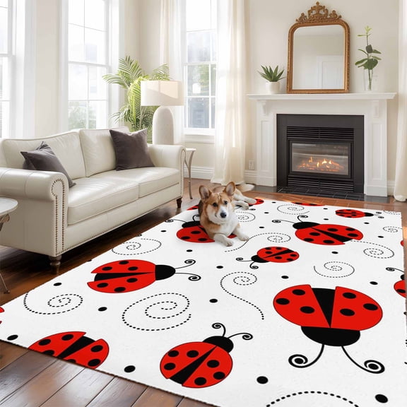 Ladybug Area Rug 5x8 FT, Non Slip Bedroom Throw Carpet, Cartoon Red Black Dots Animals Modern Simple Washable Soft Floor Carpet Non-Shedding Rug for Living Room Nursery Dorm Office