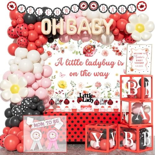 Ladybug Baby Shower Decorations, 123 PCs - Lady Bug Baby Shower Party Supplies with A Little Ladybug Is on the Way Backdrop, Balloon Garland, Polka Dots Tablecloth, Sash$$Home Decor, Kitchen, & Other