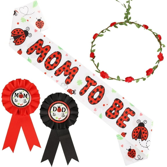 Ladybug Baby Shower Decorations, Ladybug Party Favors Mom to Be Sash, Red Black Ladybug Mom Dad to Be Button Pin, Red Flower Crown Headband for Fancy Ladybug Birthday Party Decorations