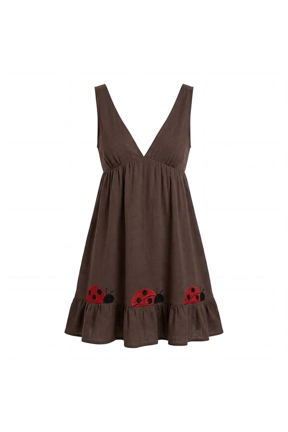 Ladybug Babydoll Dress Sleeveless Deep V Ruffle Mini Brown Linen Blend Sundress Embroidered Hem Bohemian Cottagecore