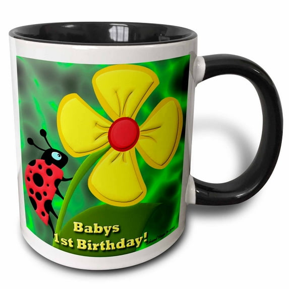 3drose, Ladybug Babys 1st Birthday, 15oz Two-tone Black Mug